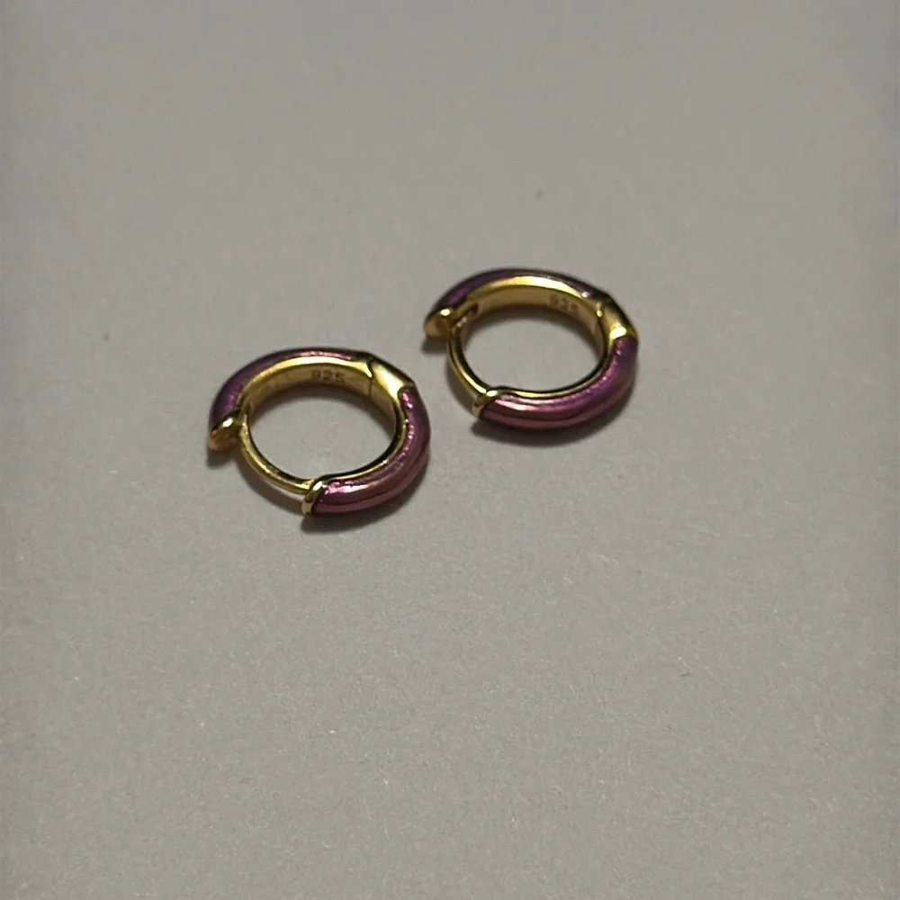 STERLING SILVER 925 small Gold & Purple Hoop Earrings